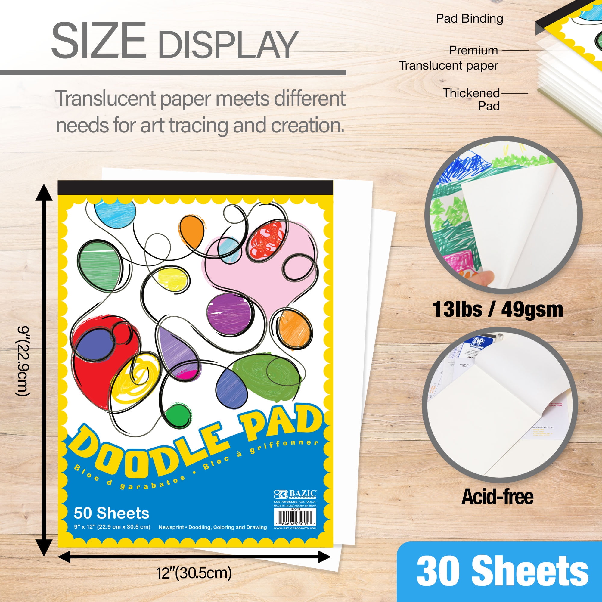 BAZIC Doodle Pad 50 Sheets 9"x12" Doodling Drawing Pads Papers, 48-Pack