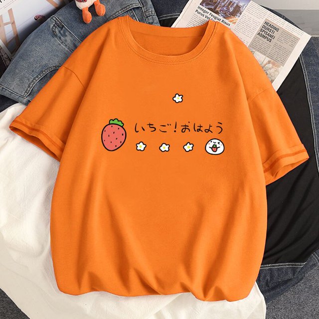 Camisetas 2023 de algodón para mujer, ropa Harajuku y2k, Kawaii, fresa, manga corta, 100%