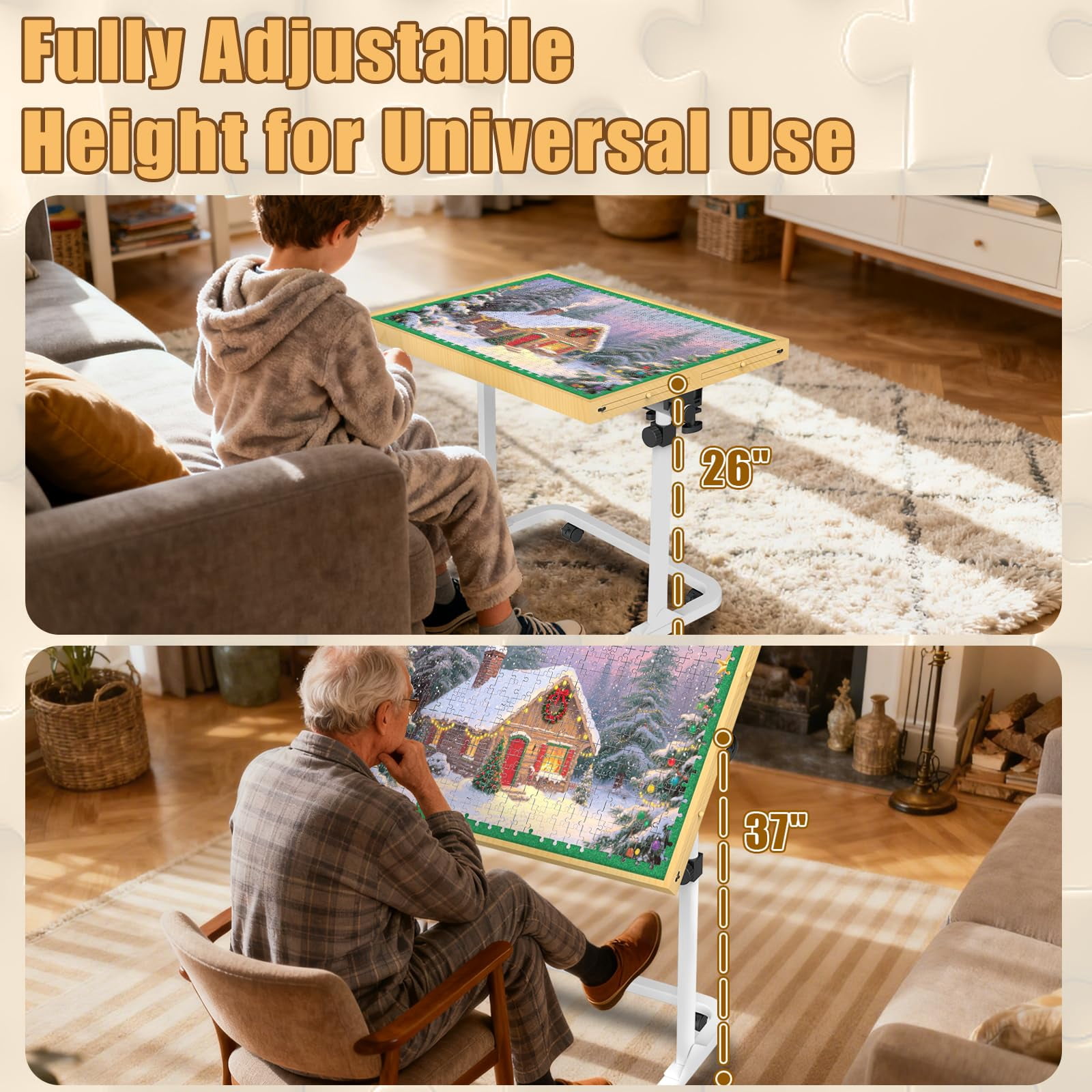 Jigsaw Puzzle Table with Drawers, Puzzle Board for Adults with Metal Legs and wheels, Angle & Height Adjustable, Gift for Birthday, 1000 Pcs, White