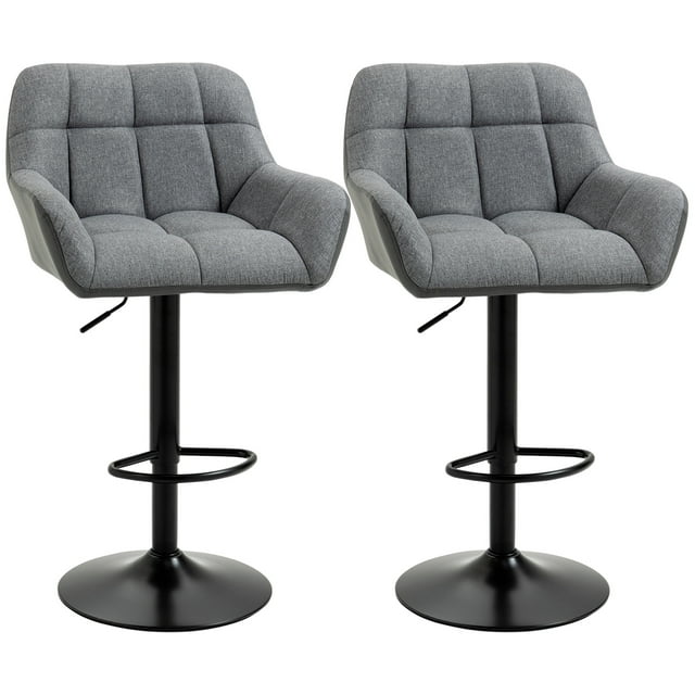 HOMCOM Grey Swivel Bar Stools Set of 2, Adjustable PU Leather Counter & Bar Height Stools with Footrest & Armrests for Kitchen Dining Room, 22.6" W x 20.7" D x 44.9" H