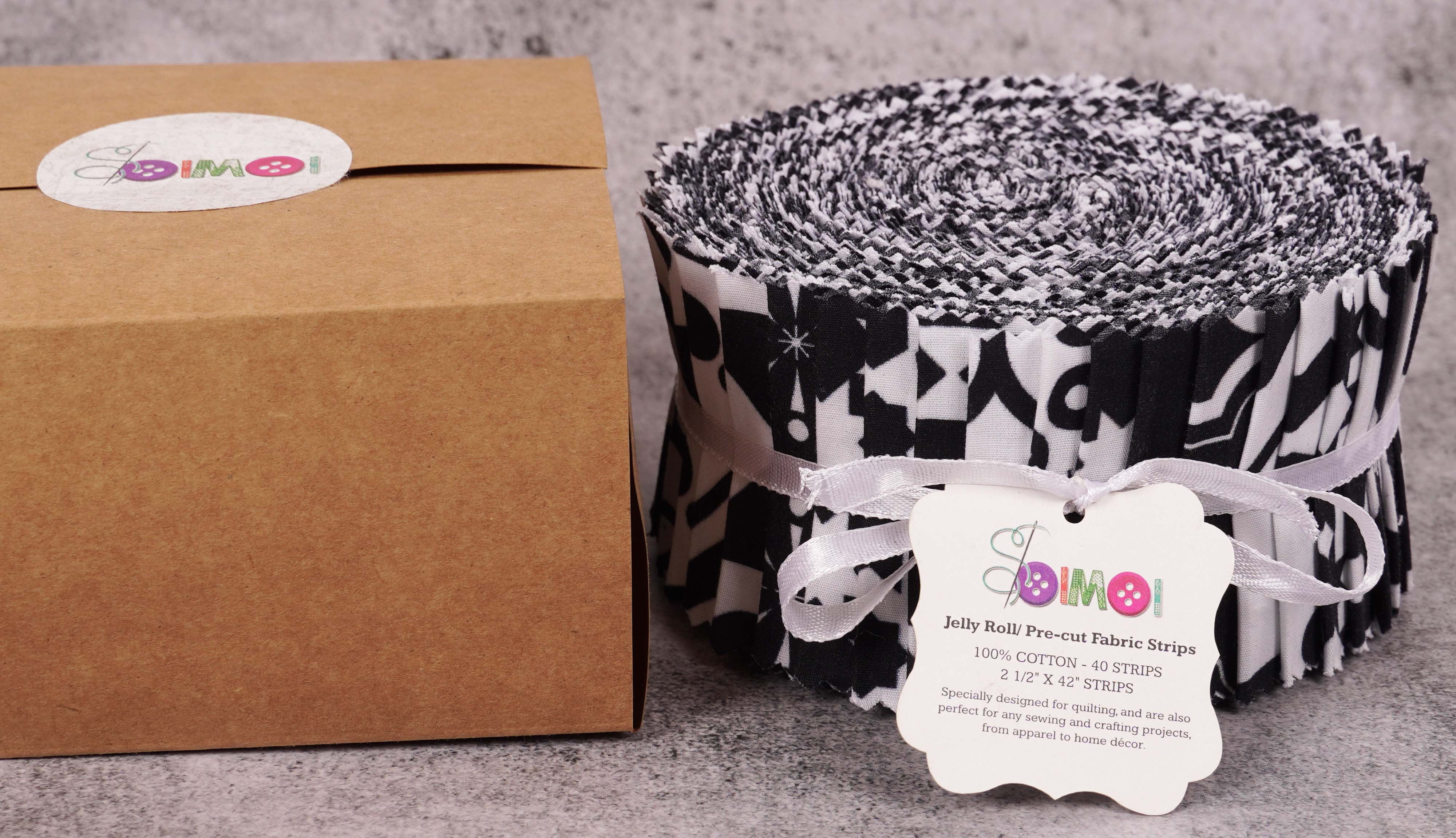 Soimoi 40Pcs Mosaic Print Cotton Precut Fabrics For Quilting Craft Strips 2.5x42inches Jelly Roll - White & Black