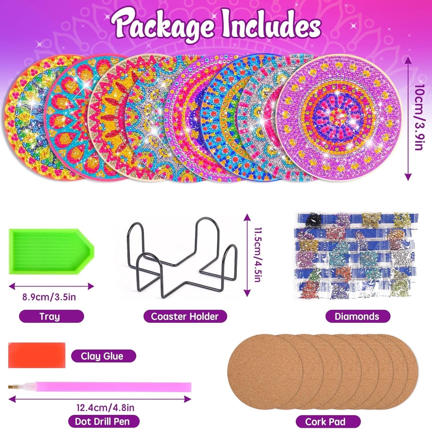 HYPERLIVING Jovicos Craft Kits for Girl 6 7 8 9 10 Years Olds, 8 PCS Diamond Painting Coaster with Holder, 5D Mandala Diamond Painting Art Craft for Kids Adult, Girls Toys Gifts for Kids