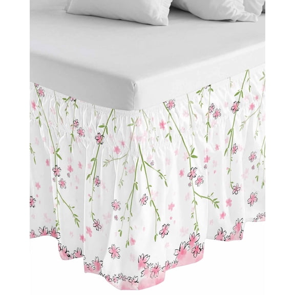 Pink Flowers Wrap Around Bed Skirts for King Bed 18" Drop,Bed Skirt with Adjustable Elastic Belt Dust Ruffle Bed Valance for Bedroom Hotel Luxury Cartoon Botanical Floral Vines Leaves Bed Frame Cover