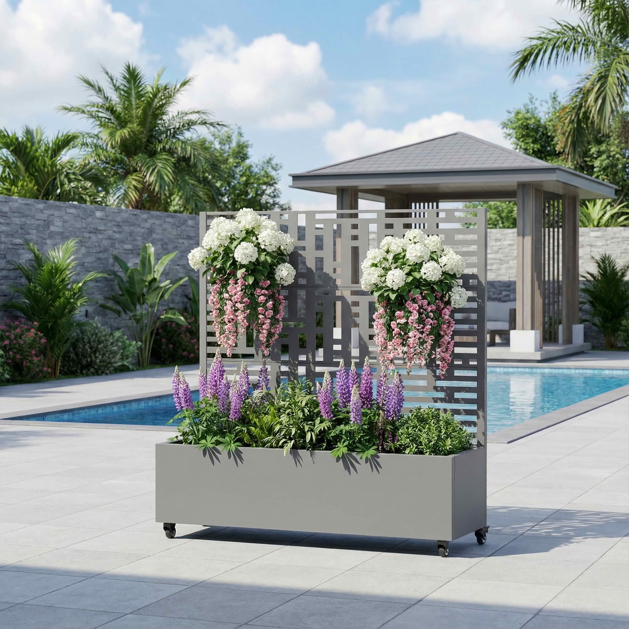 MAYEERTY 47X47" Metal Outdoor Gray Privacy Screen with Planter Box for Backyard & Garden, 3 Piece Set
