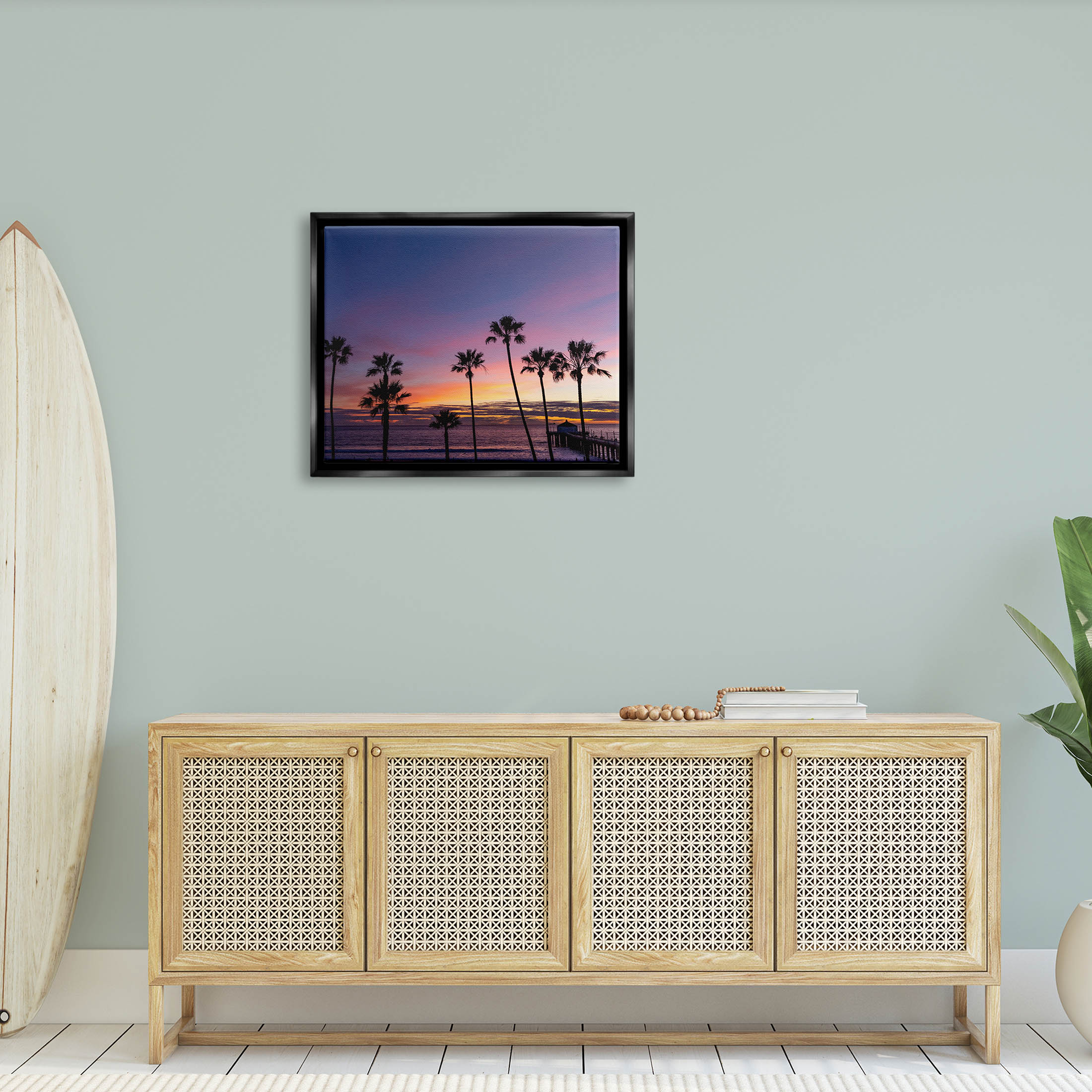 Vivid Sunset Palm Trees Horizon Coastal Photograph Jet Black Framed Art Print Wall Art