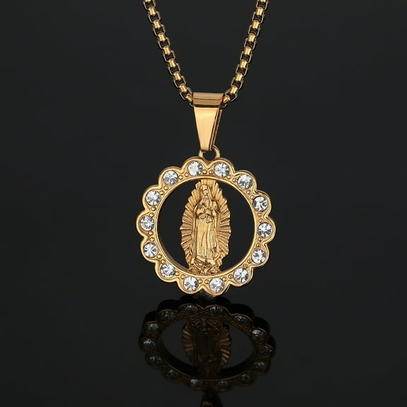 Religious Virgin Mary Medal 14K Yellow Gold Pendant Necklace Rainbow CZ Maria Miraculous Charms Pendant Jewelry Catholic Christian Chain Collar