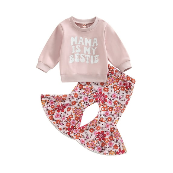 Bagilaanoe 2pcs Toddler Baby Girl Long Pants Set Letter Print Long Sleeve Pullover Tops + Flower Print Flare Trousers 6M 12M 18M 24M 3T 4T Kids Casual Outfits