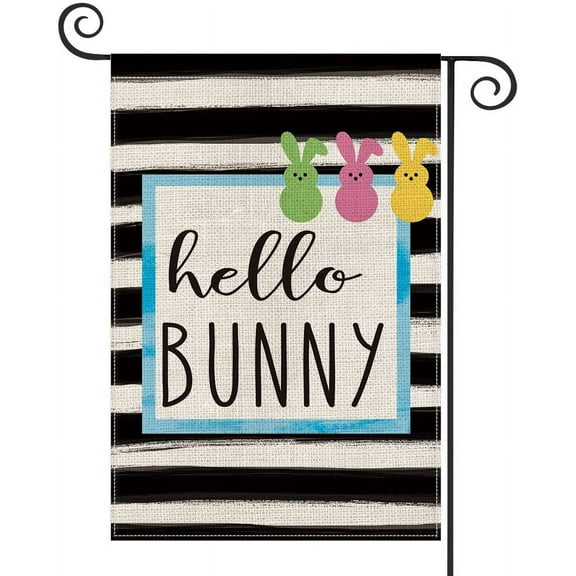 AVOIN Hello Watercolor Black Stripes Bunny Garden Flag Vertical Double Sided, Spring Easter Rabbit Holiday Yard Outdoor Rectangle Decoration 12.5 x 18 inch