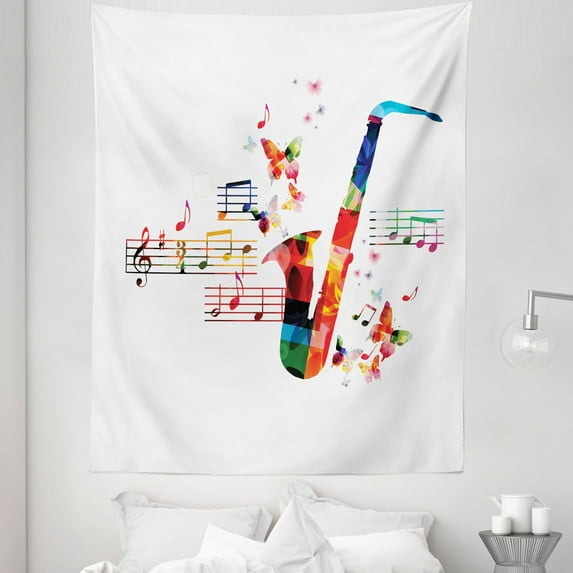 Music Tapestry, Colorful Saxophone Design Butterflies and Sheet Creative Illustration, Fabric Wall Hanging Decor for Bedroom Living Room Dorm, 5 Sizes, Multicolor, by Ambesonne