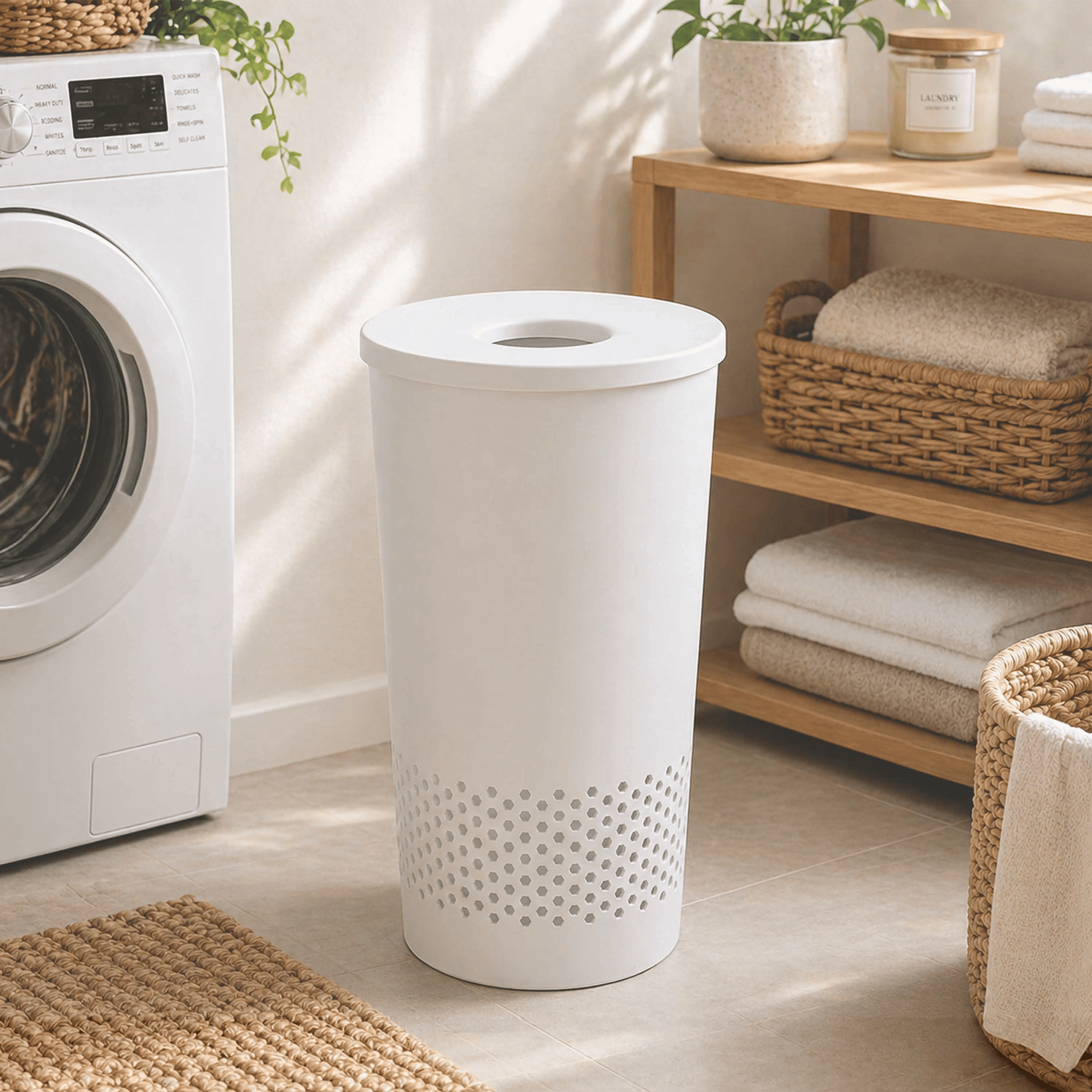 Mainstays Round Lidded Hamper, White, Adult