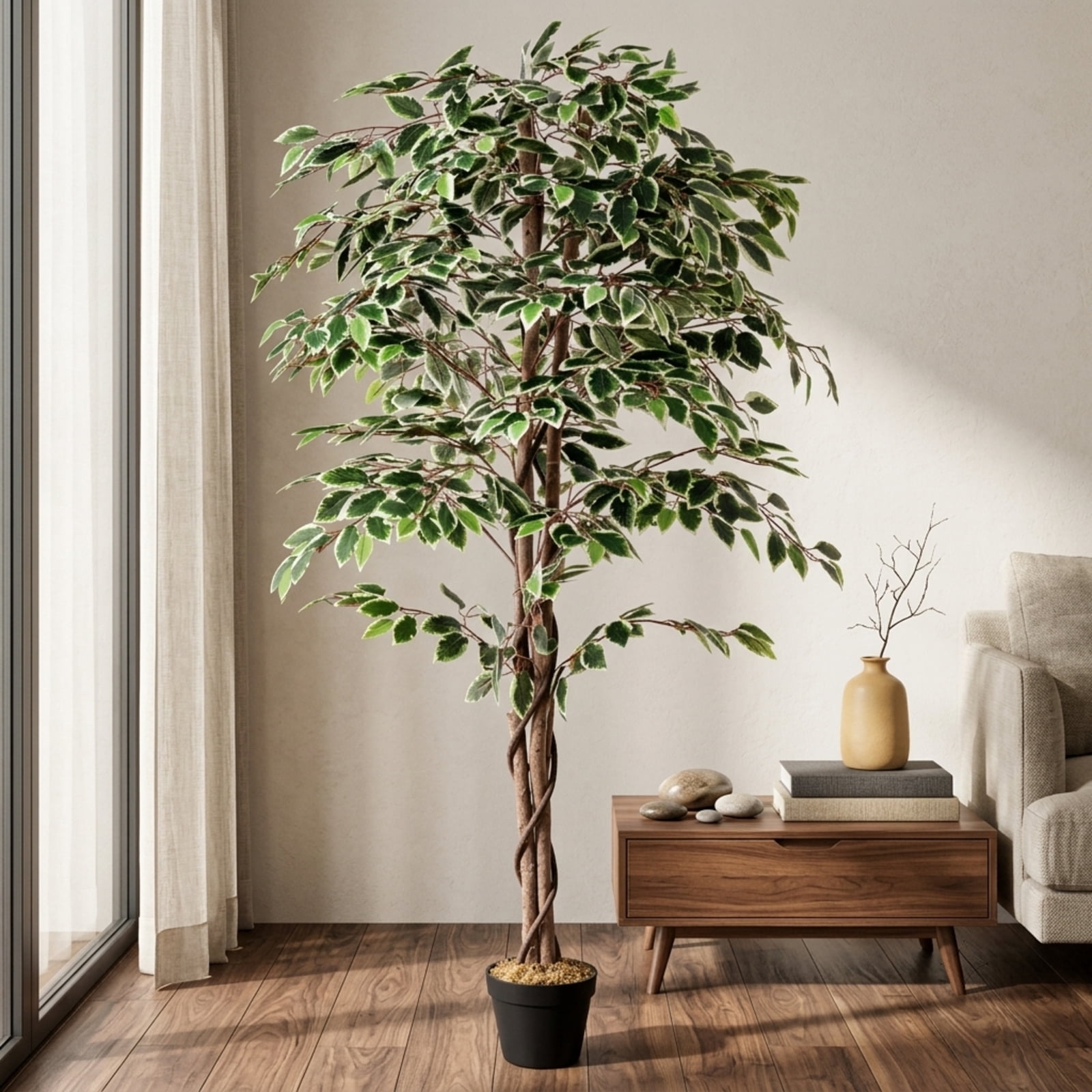 Vebreda Artificial Plant Decor, Artificial Ficus Tree Tall Faux Indoor Plant with 1008 Leaves Nursery Pot and Dried Moss, Multi-scene Application