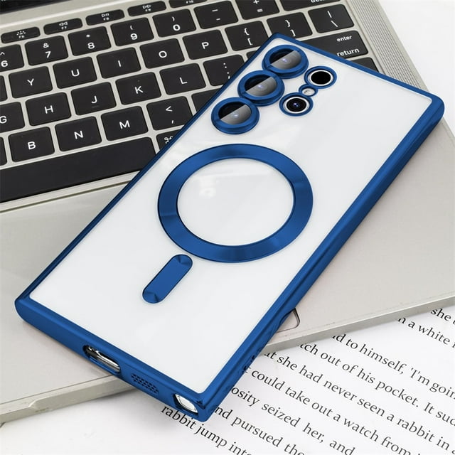 Plating Clear Wireless Cover For Samsung Galaxy S24 S23 S22 S21 S20 FE Ultra Plus Case Note 20 Ultra MagSafe Magnetic Shell Lens Navy For Galaxy S21