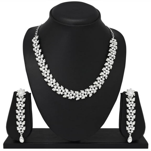 Indian Bollywood Fashion Style Silver Plated Rhinestone Choker Necklace Earrings Set