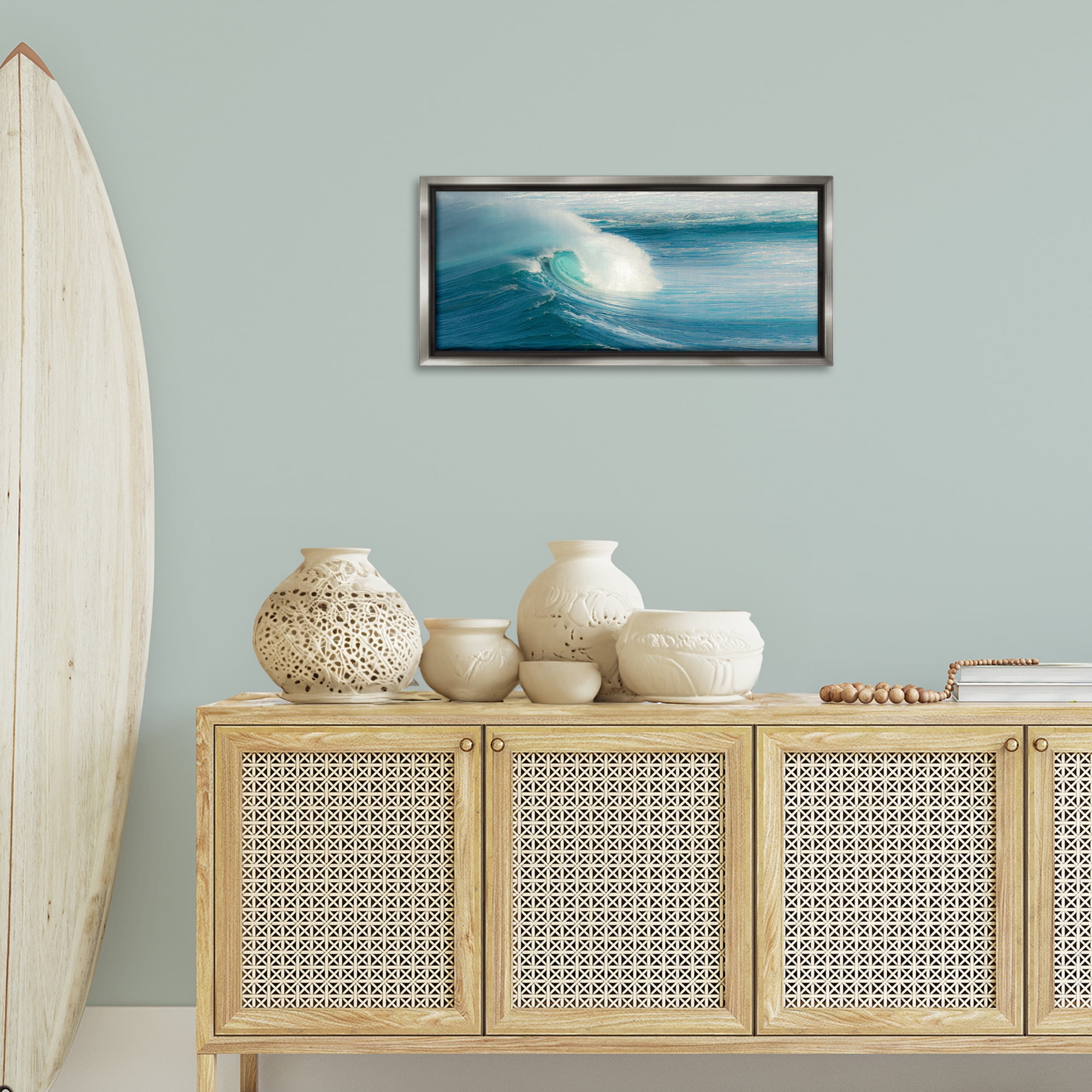 Stupell Industries Bending Ocean Wave Nautical & Beach Photography Gray Floater Framed Canvas Art Print Wall Art, 31 x 14