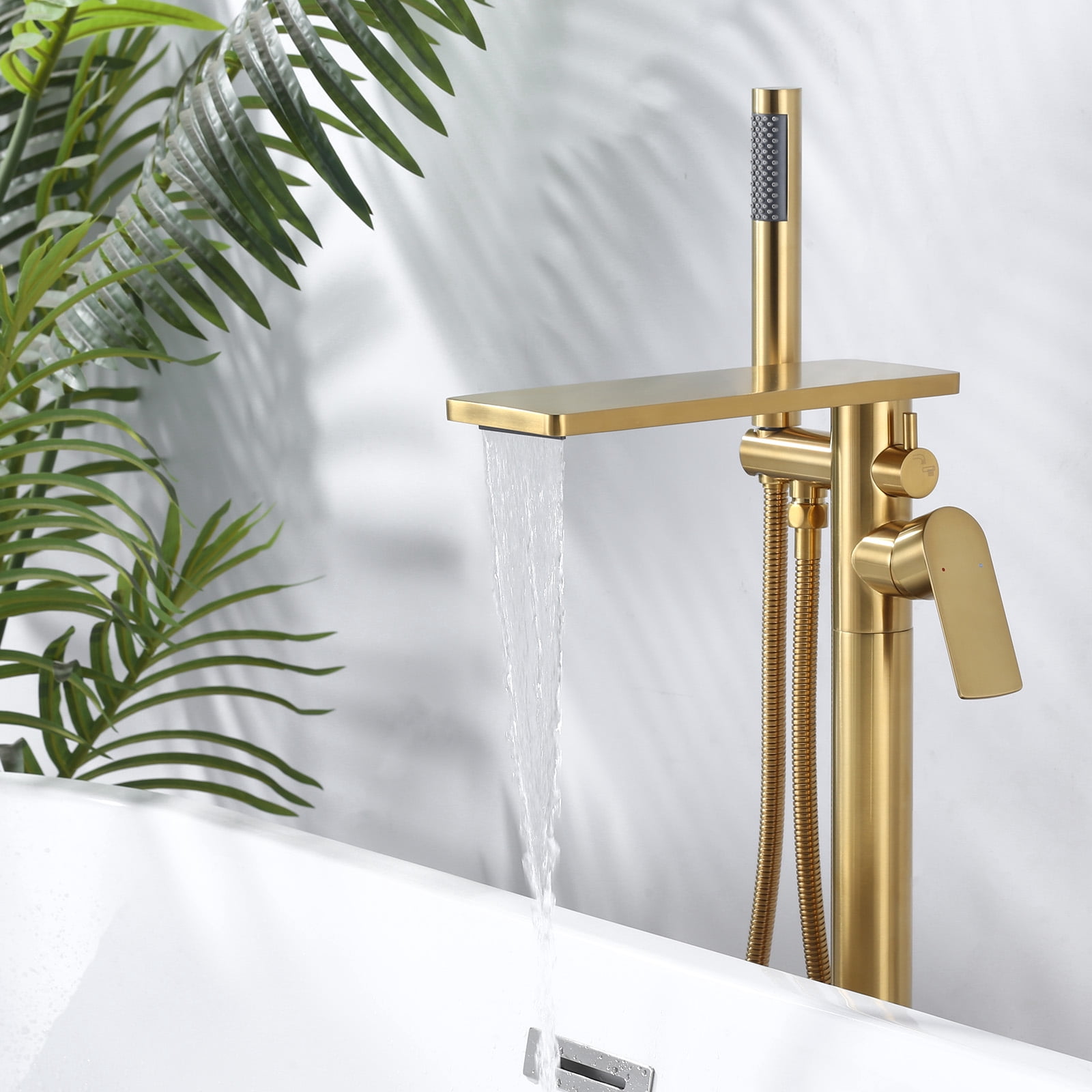 Wowow Brass Freestanding Bathtub Faucet Single-Handle Floor Mount Claw Foot Tub Faucet with Hand Shower in Gold