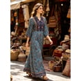 thumbnail image 5 of Women's Boho Paisley Floral Print Maxi Dress Long Sleeve Split V Neck Teal Embroidered Swing Resort Dress, 5 of 8