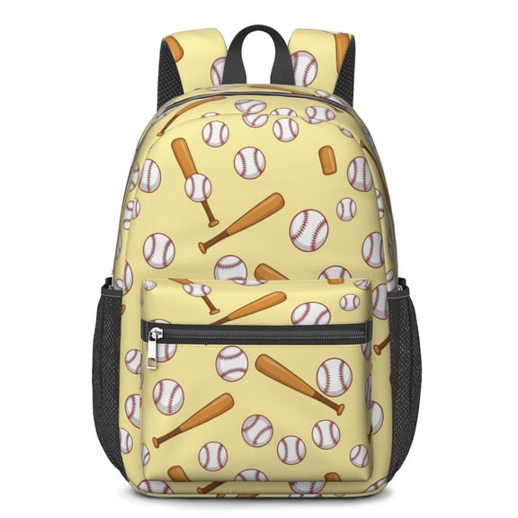 Baseballs and Crossed Bats Pale Yellow 17" Waterproof Oxford School Backpacks for Teens, S-Shape Padded Straps, for School, Travel, Hiking, Camping