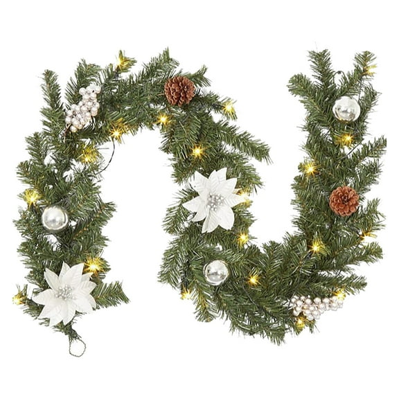 Christmas Garland with Lights, 6 ft Pre-lit Silver White Christmas Garland with Pinecones Berries Poinsettia Battery Operated Lights for Indoor Outdoor Fireplace Staircase Decoration