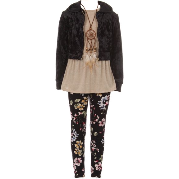 Little Girls Set Velvet Hoodie Jacket Tank Top Necklace Floral Legging Pants Set USA Black 4 (J20KS99)