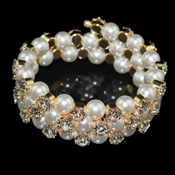 Simulated Pearl Shiny Gold Crystal Multi layer Open Cuff Bangle Bridal Fashion Jewelry Bracelet