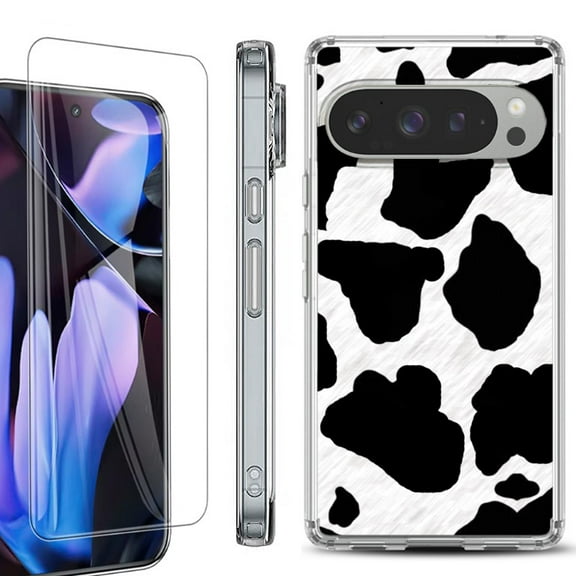 For Google Pixel 9 Pro XL Phone Case Cover, Shockproof Bumper Case with Tempered Glass Screen Protector, by OneToughShield - Cow Skin Design