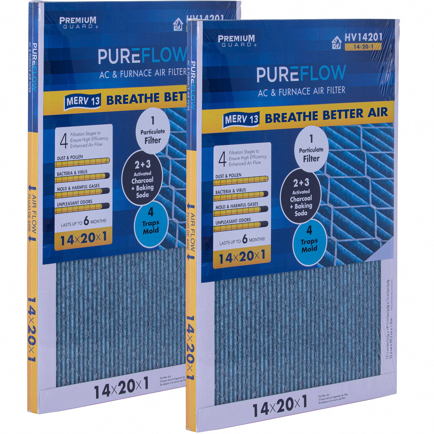 PureFlow, Home Furnace Air Filter 14x20x1, with 4 Layers of Advanced