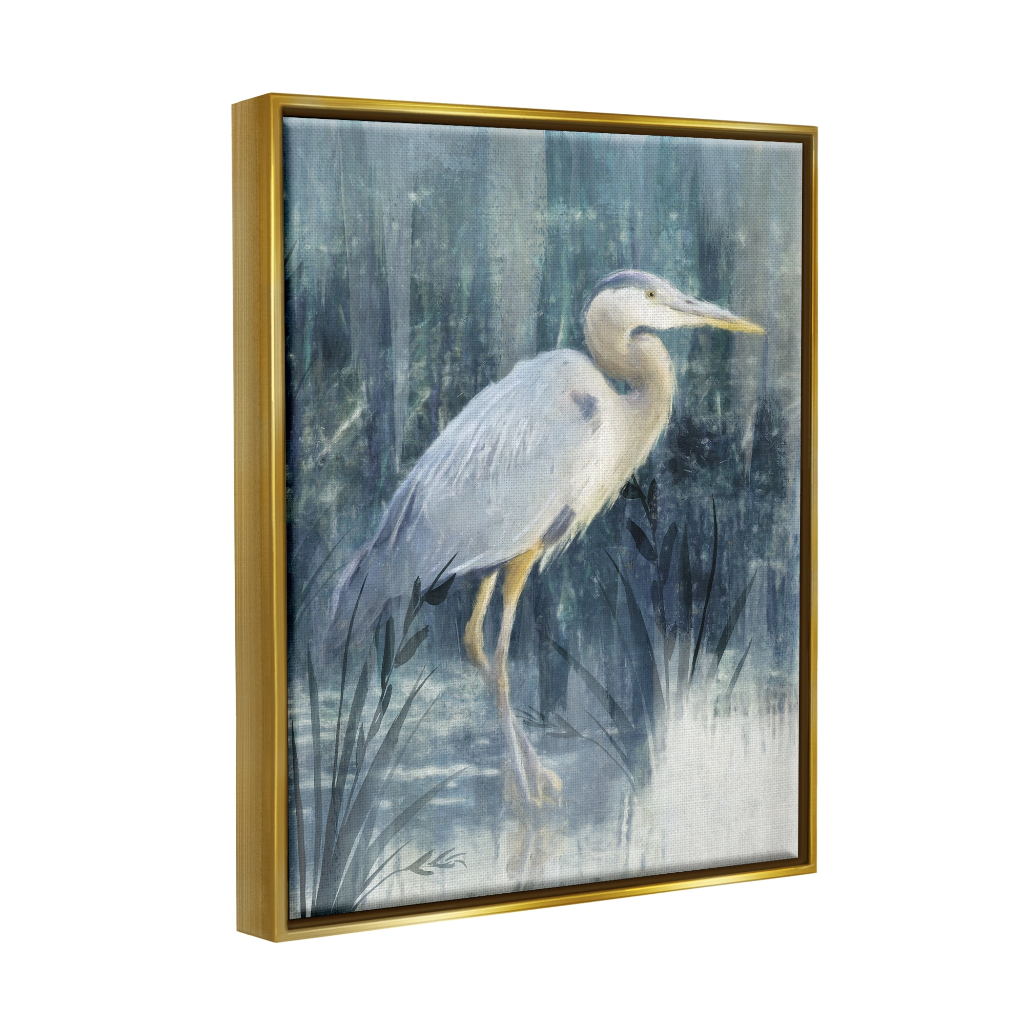 Stupell Egret River Reeds Nature Grasses Animals & Insects Painting Gold Floater Framed Art Print Wall Art