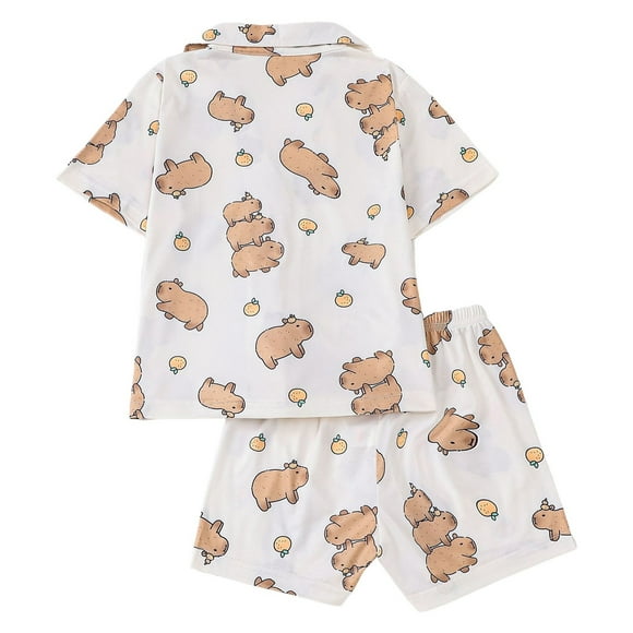 Kids Christmas Pjs Kids Printed Silk Pajama Set Short Sleeve 2 Piece Sleepwear Button-Down Christmas Outfit Pajamas Kids 7Y