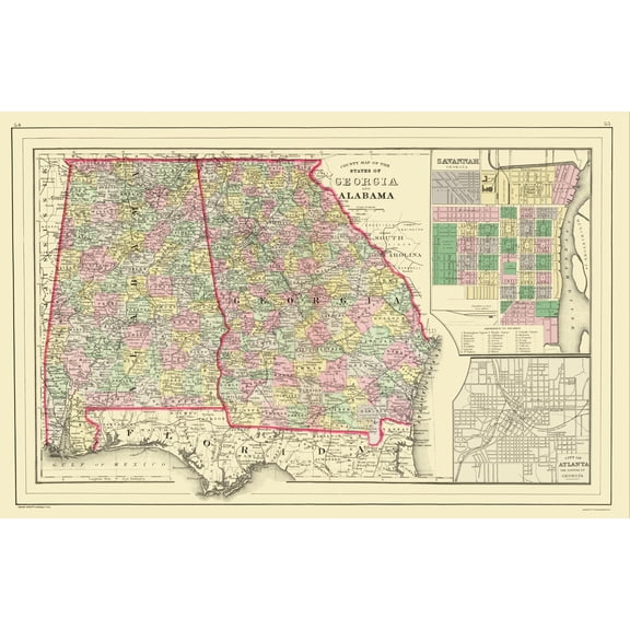 Historic State Map - Georgia Alabama - Mitchell 1890 - Vintage Wall Art