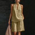 thumbnail image 2 of Women's 2 Piece Short Sets Linen Sleeve V Neck Halter Matching Short Suit Summer Casual Oversized Outfits Khaki L(L), 2 of 6