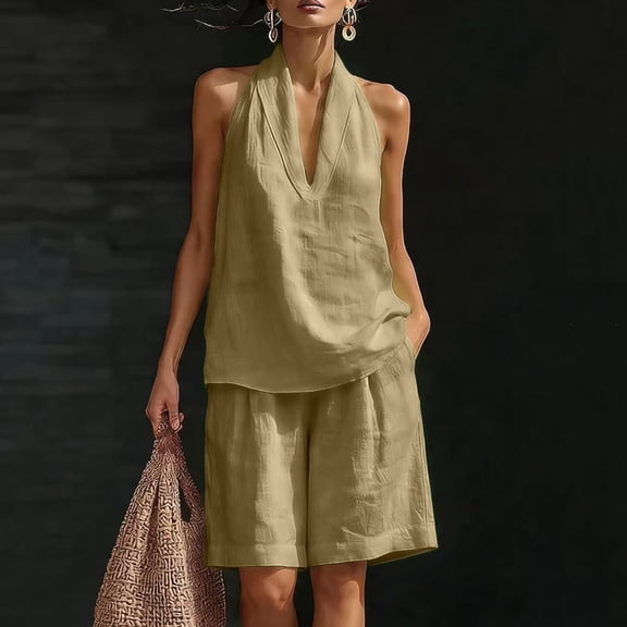 Costeam Womens Halter V Neck Short and Capri Pants Two Piece Outfit Lightweight Linen Blend Loose Fit Solid Color Casual Summer Co Ord Set