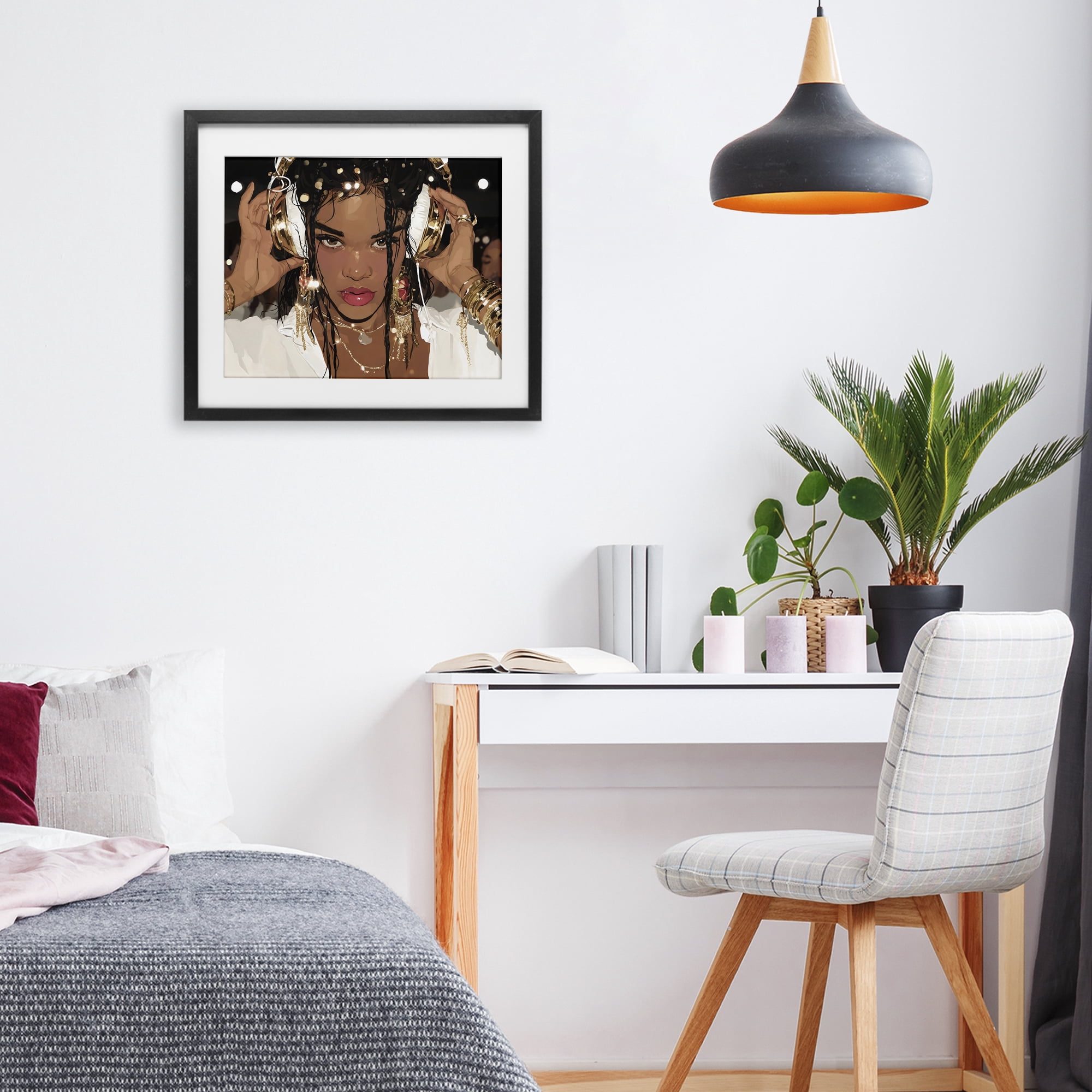 Stupell Industries Gold Headphones Glam Female Black Framed Print Under Glass, design by Franklyn Gregory