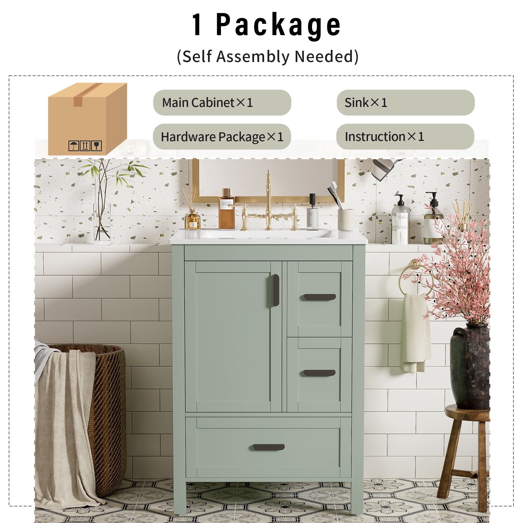 viswild 24" Bathroom Vanity with Ceramic Sink, Soft-Close Door, 3 Drawers & Double Door Shelves for Small Spaces, Green