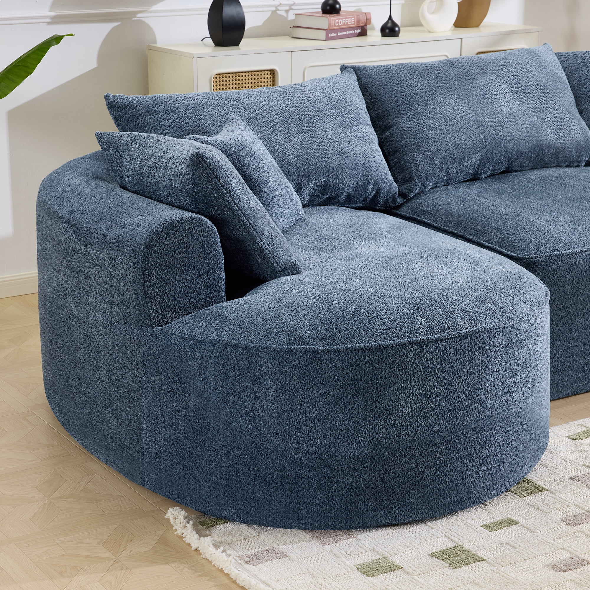 Curved Boneless Sofa, Modern Chenille Fabric Sectional Sofa with 3 Back and 4 Throw Pillows, High-Resilience Sponge Support and Ergonomic Design, 124.5 Inch Large Capacity Sofa for Living Room, Blue