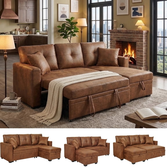 LLappuil 71" Sectional Sofa, Sectional Couch with Pull Out Sofa Bed Twin Size, Convertible Sofa Bed with Storage Chaise for Living Room, Compact Space, Foil Fabric Brown