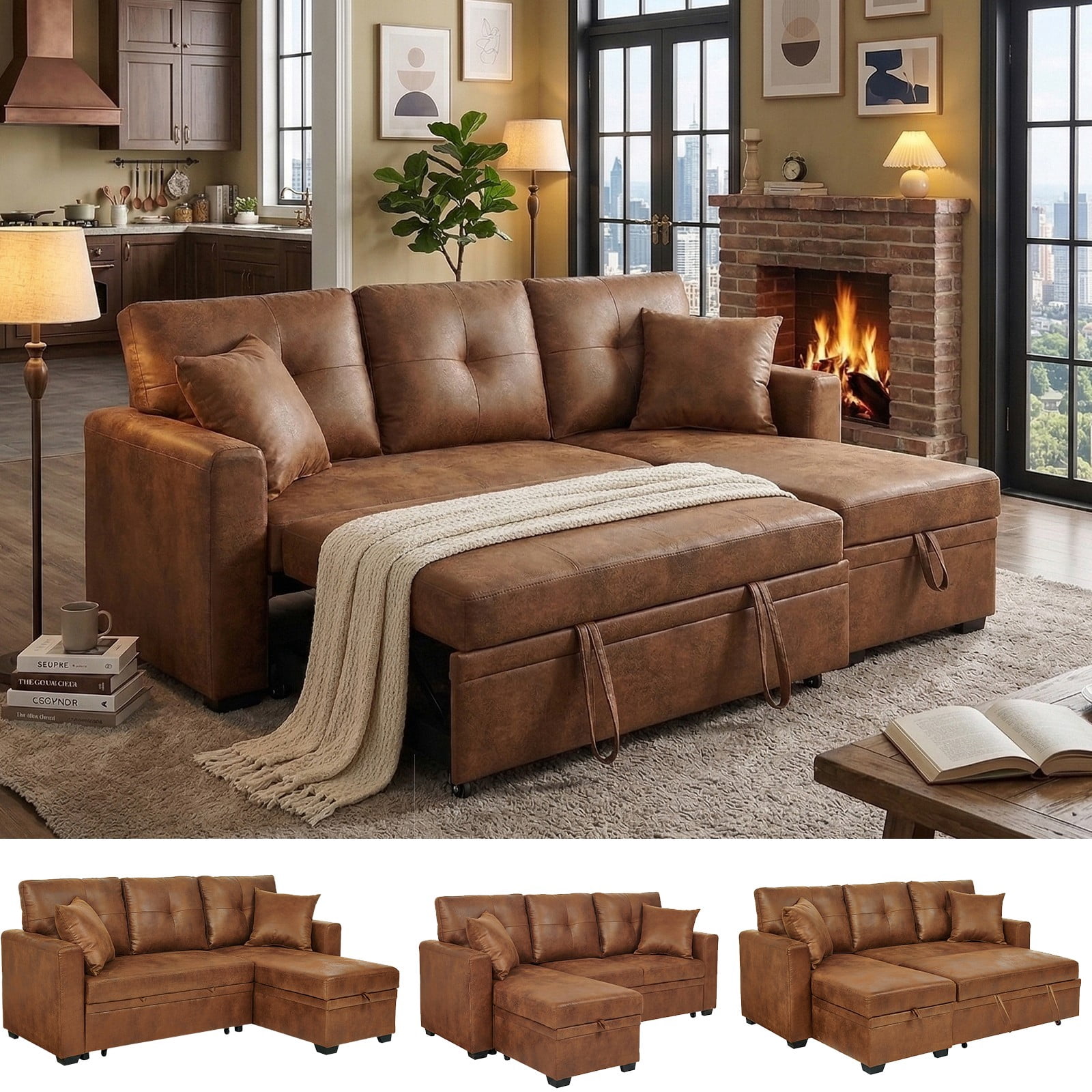 LLappuil Sectional Sofa, 71" Sectional Couch Convertible Sofa Bed, Pull Out Sofa Bed Full Size with Storage Chaise for Living Room, Foil Fabric Brown