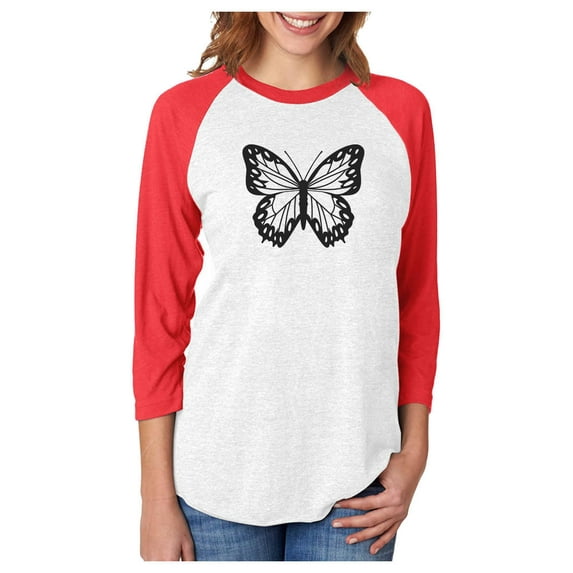Girls Summer Butterfly Graphic Baseball Jersey: 3/4 Sleeve Fashion Shirt with Trendy Design X-Large red/white