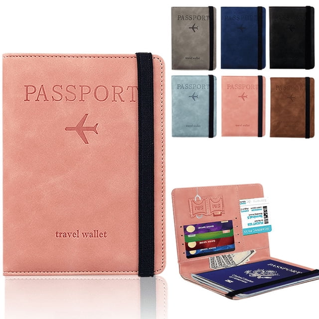Cartera de viaje con correa de piel sintética sensible a la presión RFID para libreta de pasaportes, bolso de identificación