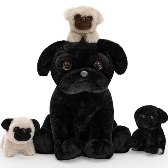 Tezituor 4Pcs Pug Dog Stuffed Animal 14" Stuffed Pug with 3 Baby Dogs Plush Toy