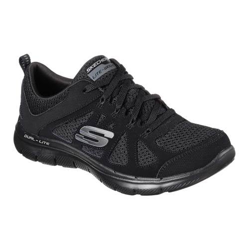 skechers black flex appeal leather mix slip on shoes