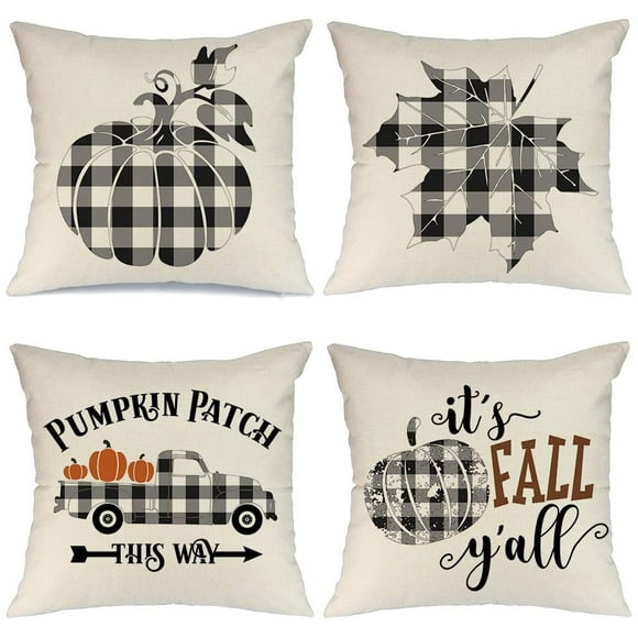 Fall Pillow Covers 18x18 inch Set of 4 Buffalo Check Plaid Pumpkin Throw Pillows for Fall Decor Farmhouse Fall Decorations Decorative Pillows