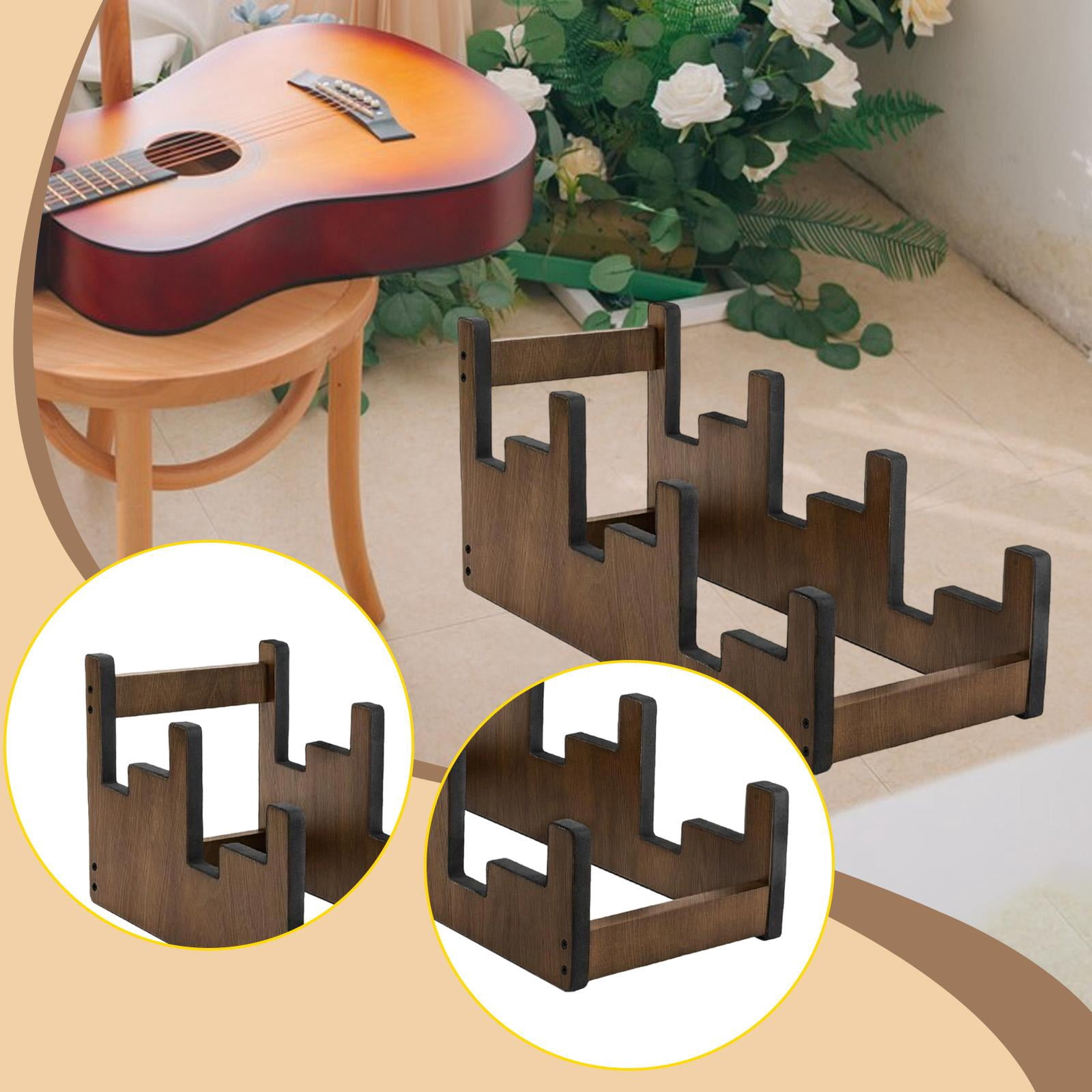 MERIGLARE Guitar Stand Wooden Floor Rack Electric Guitar Bass Holder Instrument Display Three-Tier Structure Portable Space Saving Suitable for Home Studio Performance Collectors L