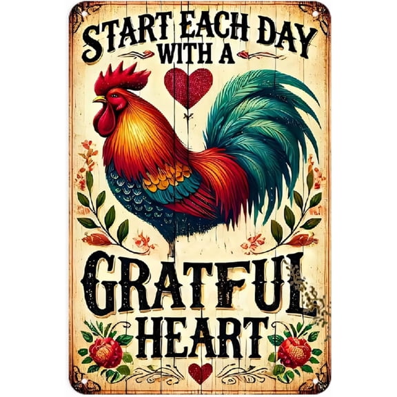 Vintage Rooster Metal Sign Start Each Day with A Grateful Heart Farmhouse Wall Decor Aluminum Tin Sign for Kitchen Bathroom Bedroom Dorm 8x12 Inch Rustic Home Art Inspirational Quote Poster