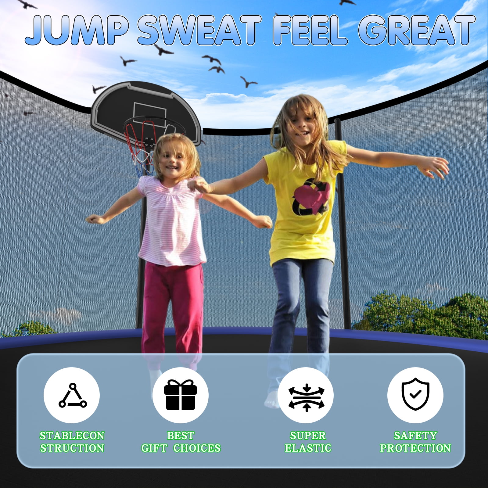 SENCHO GINSYTALIOR 10FT Outdoor Trampoline for Kids and Adults, Backyard Trampoline with Basketball Hoop , Enclosure Net and Ladder, Heavy Duty Trampoline Capacity for 2-6 Kids(10FT,Blue）