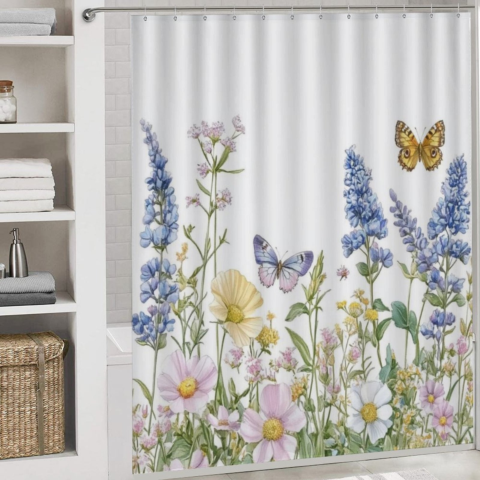 Shower Curtain 4 Piece Sets Sage Green Wild Flower Plant with Rugs Toilet Lid Cover And Bath Mat Seasonal Floral Butterfly Farmhouse Bathroom Decor Set for Bathroom Decor 72inch X 72inch