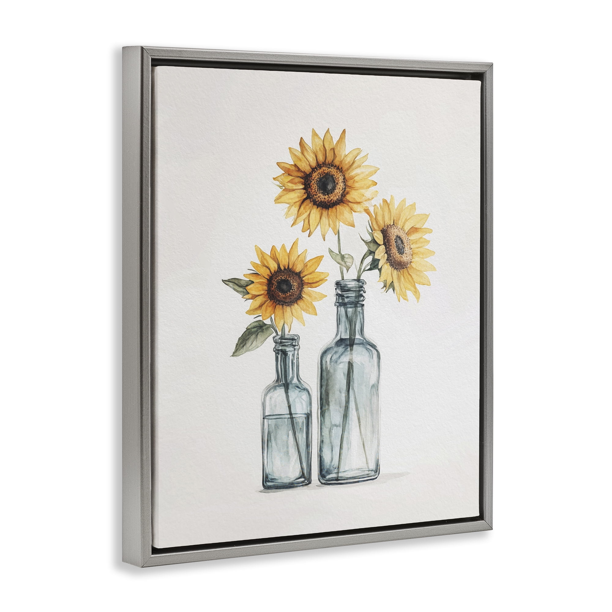 Stupell Industries Sunflowers in Bottles Trio Plants & Flowers Painting Gray Floater Framed Canvas Art Print Wall Art, 25 x 31