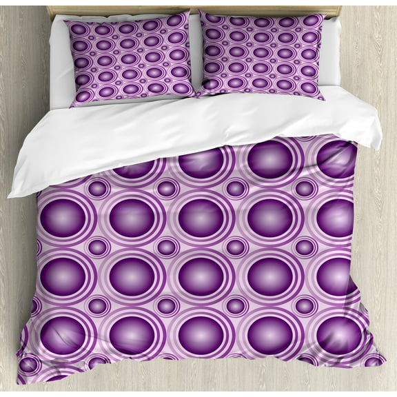 Mauve Duvet Cover Set, Gradient and Geometric Circular Pattern with Inner Lines and Ring Balls Digital Graphic, Decorative 3 Piece Bedding Set with 2 Pillow Shams, Calking Size, Purple, by Ambesonne