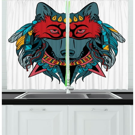 Native American Spirit Masks (Tribal Curtains 2 Panels Set, Ethnic Warrior Wolf Portrait with Mask Feathers Native American Animal Art, Window Drapes for Living Room Bedroom, 55W X 39L Inches, Teal White and Red,)