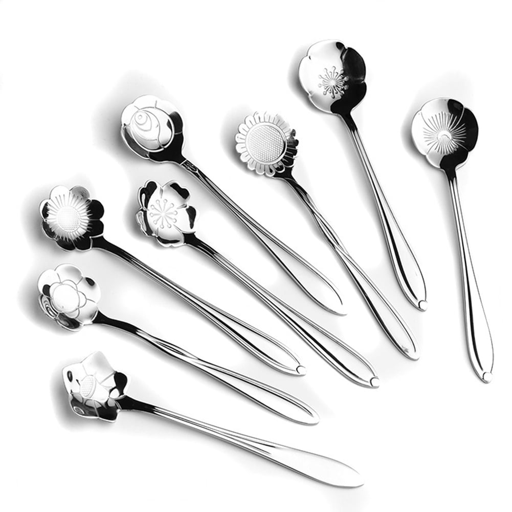 8Pcs Stainless Coffee Spoon Flower Shape Dessert Ice Cream Candy Tea Spoon Gift