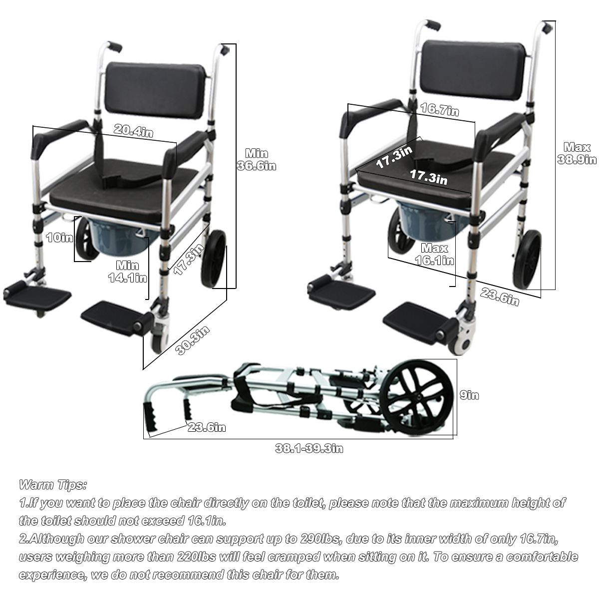 Shower Chair with Wheels, Foldable Height Adjustable Rolling Shower Chair, Sturdy Shower Wheelchair for Seniors with Large Commode, 220lbs Capacity